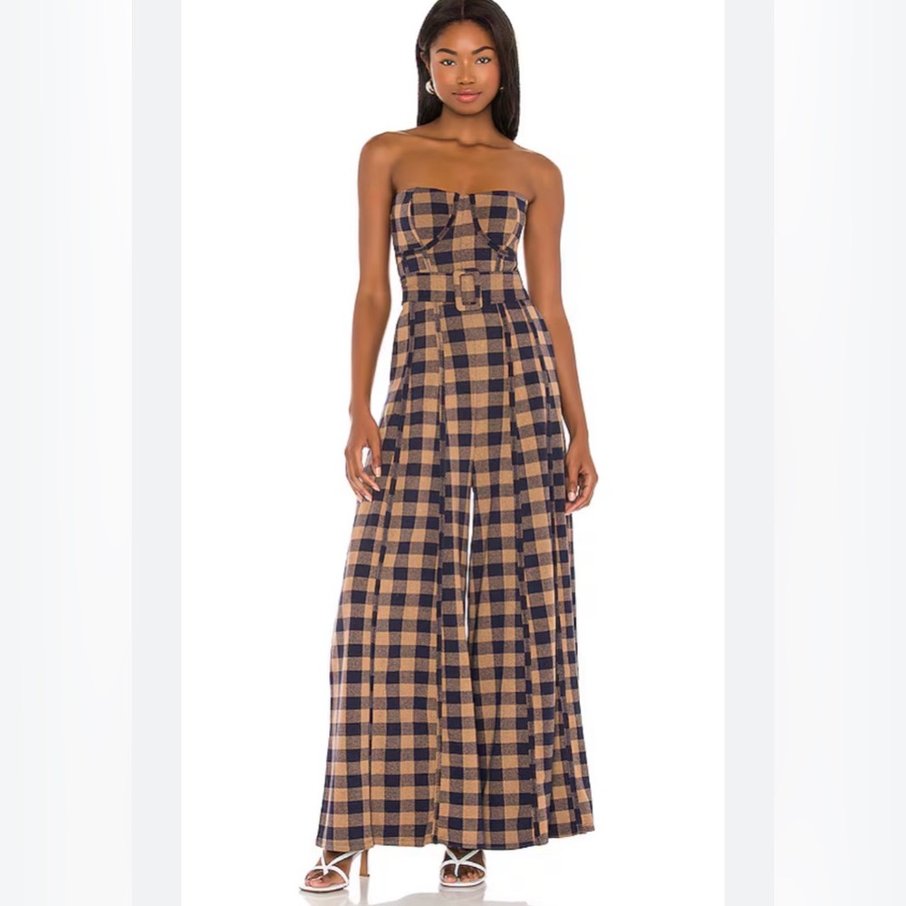 Free People Strapless Plaid Belted Jumpsuit in Navy and Tan
